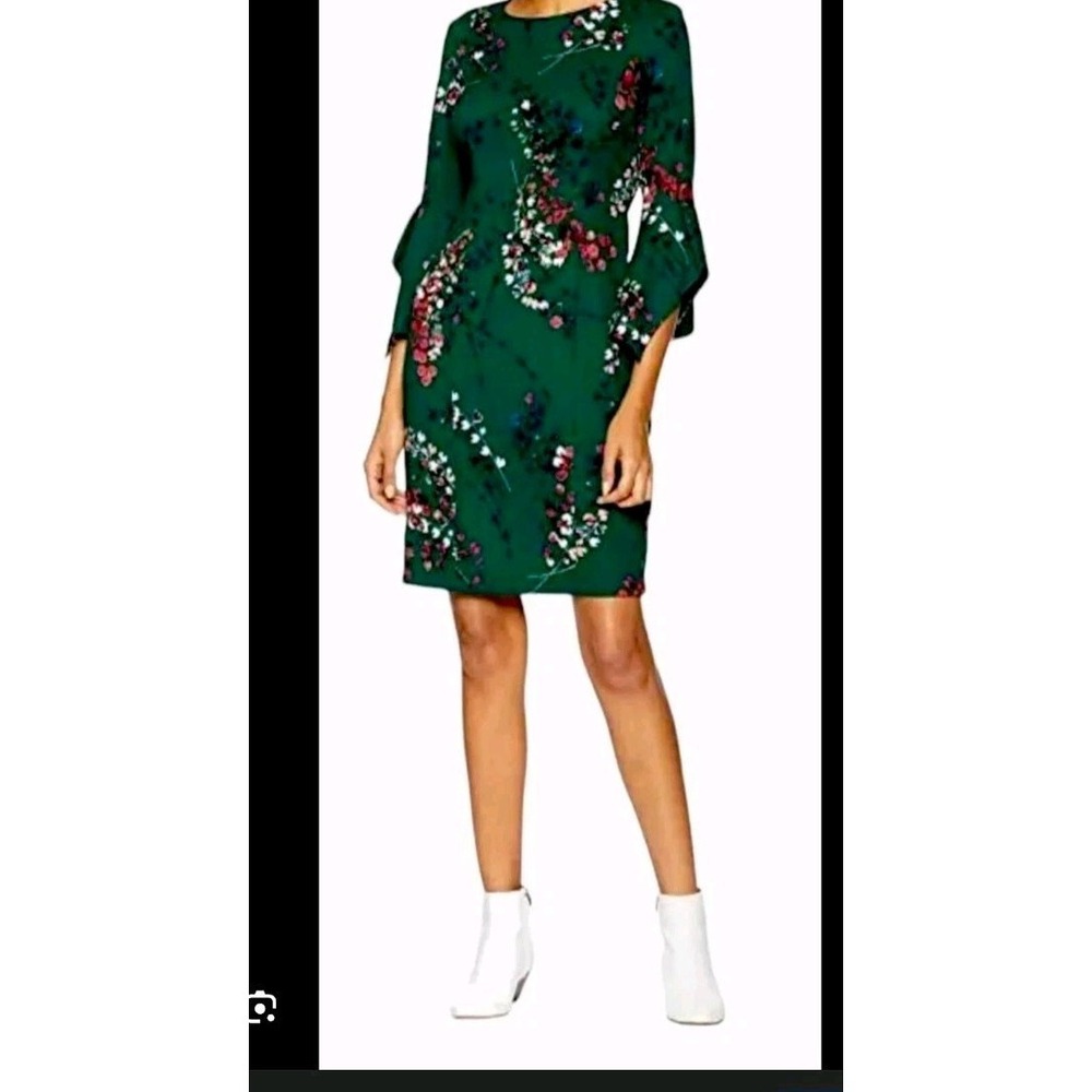 Taylor Women's Green Floral-Print  3/4 Bell Sleeve Spandex‎ Dress Size 16